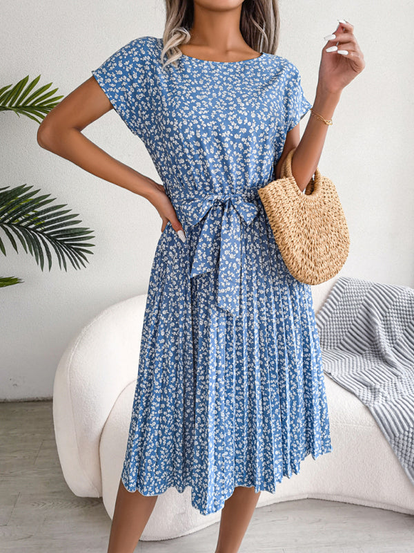 LM | Midi dresses with tie and floral print Round neckline Trapeze shape