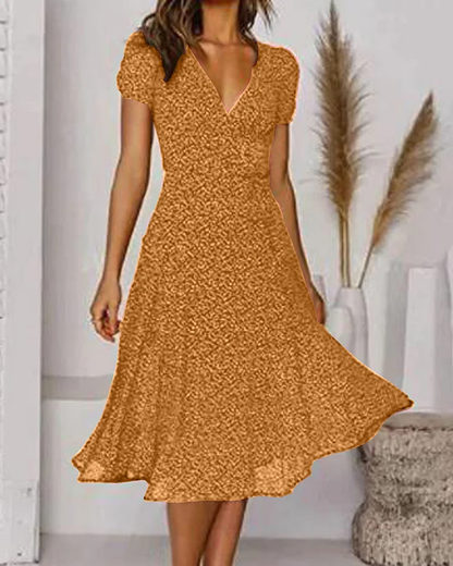 LM | Printed chiffon dress with short sleeves and V-neckline