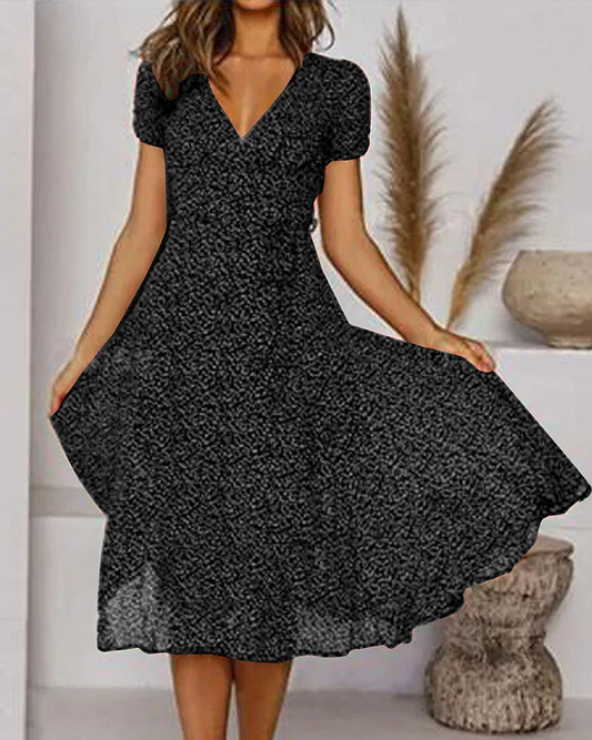 LM | Printed chiffon dress with short sleeves and V-neckline
