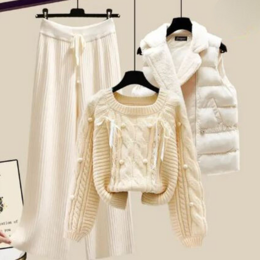 LM | Three-piece women's vest jacket, loose sweater and wide trouser legs