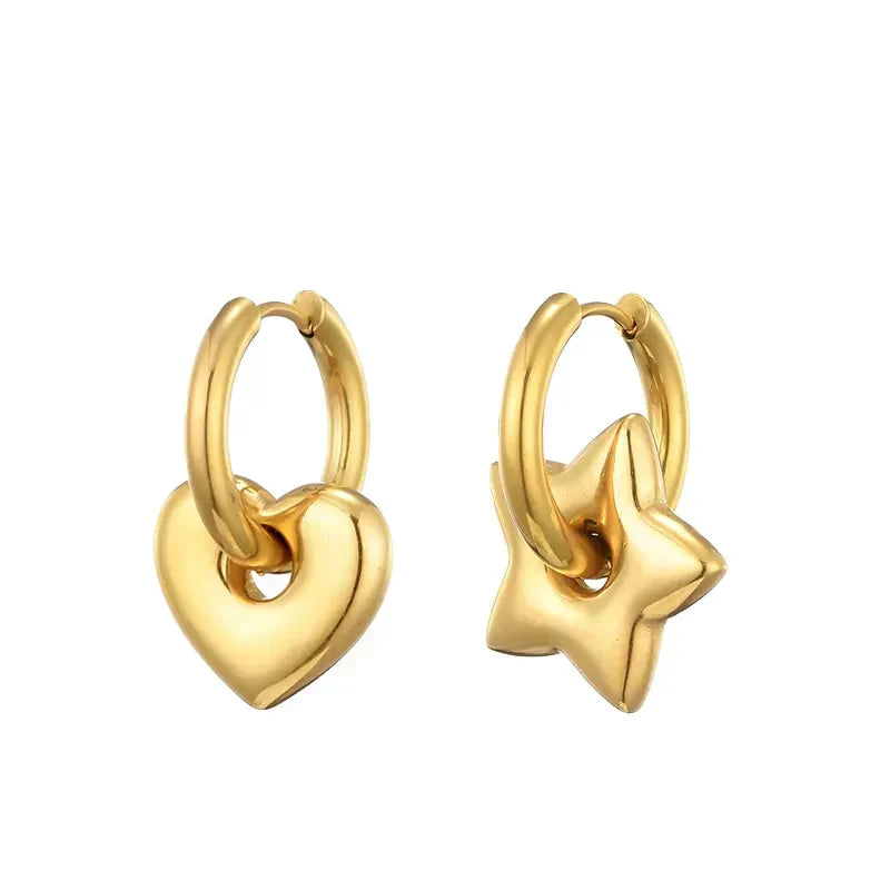 Mismatched Gold Heart & Star Charm Huggie Hoop Earrings