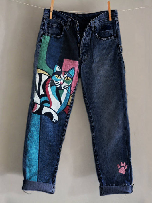 Cat Colorblock Art Paw Print Embroidered Washed Jeans elevenforest