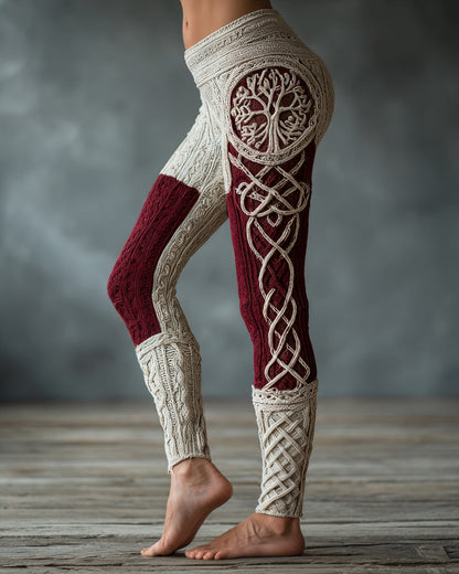 Vintage Viking Tree Of Life Celtic Knot Art Knit Jacquard Cozy Leggings artswardrobe