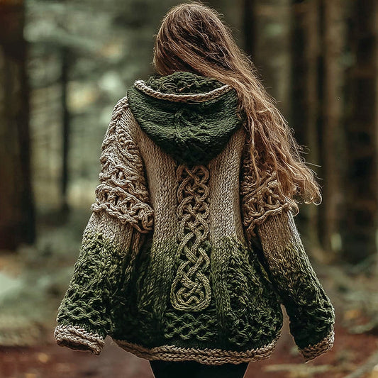 Women's Vintage Celtic Knot Gradient Pattern Knit Hooded Sweater artswardrobe