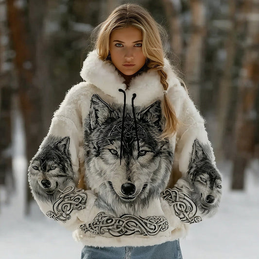 Comstylish Women's Vintage Viking Celtic Wolf Art Plush Cozy Hoodie