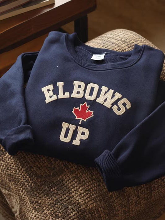 Comstylish Retro Elbows Up Canada Embroidery Print Crew Neck Long Sleeve Sweatshirt
