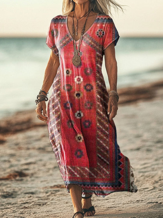 Women's Vintage Ethnic Style Tattoo Pattern Art Print Short Sleeve Poc