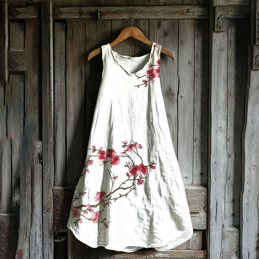 Comstylish Vintage Cherry Blossom Art Linen Blend Tank Dress