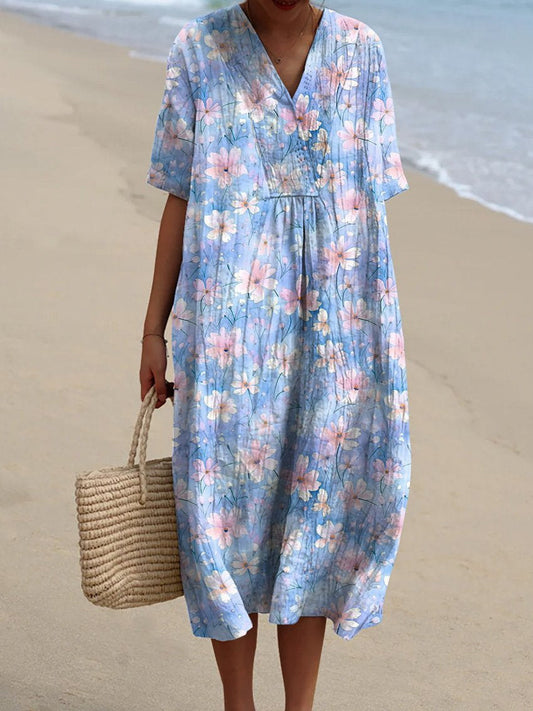 Watercolor Cherry Blossom Pattern Printed Women's Flowy Dress