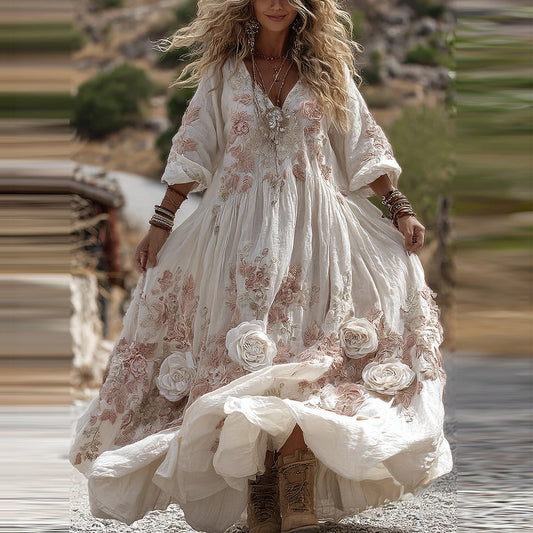 Women's Vintage Romantic White Rose Embroidery Art Comfy Linen V Neck Maxi Dress artswardrobe