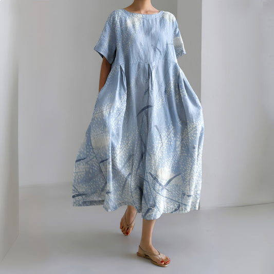 Comstylish Japanese Art Flower Print Round Neck Short Sleeve Midi Dress