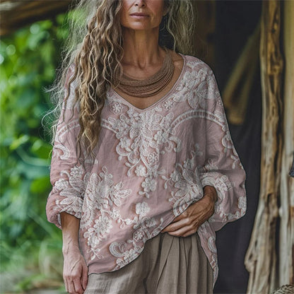 Boho Floral Embroidered Lace Flowy Linen Tunic artswardrobe
