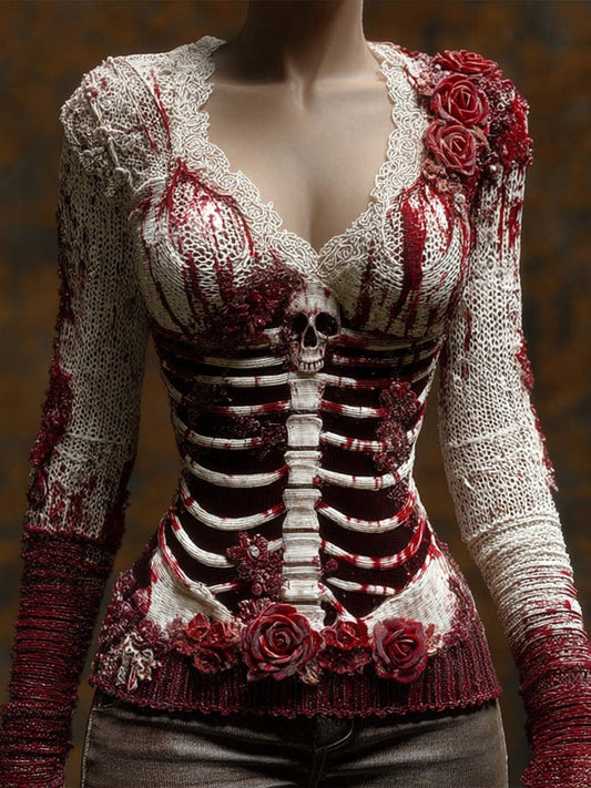 Comstylish Classy Skeleton Bloody Roses V Neck Cozy Sweater