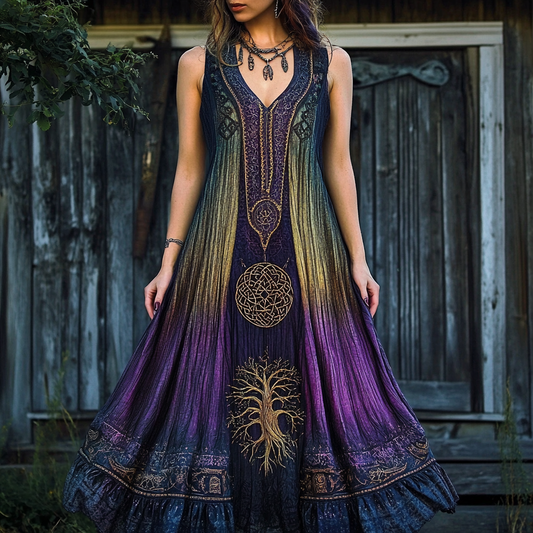 Women's Viking Tree Of Life Gradient Tank Midi Dress artswardrobe