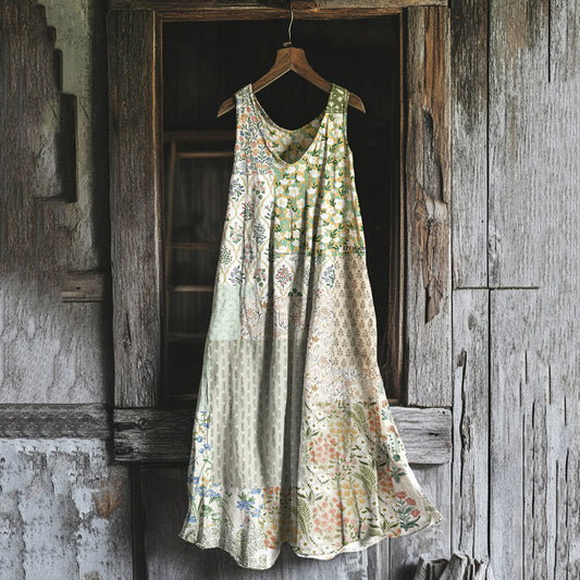 Comstylish Vintage Floral Art Cotton Linen Comfy Tank Dress
