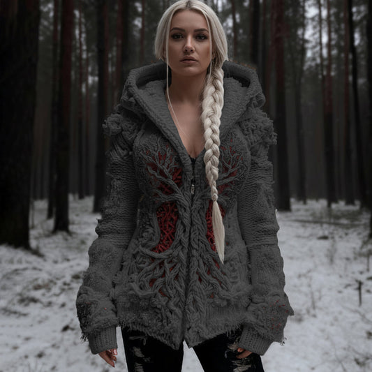 Women's Viking Tree Of Life Cable Knit Zip-up Hooded Sweater artswardrobe