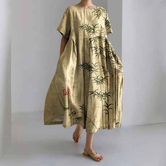 Comstylish Bamboo Japanese Art Print Casual Loose Dress
