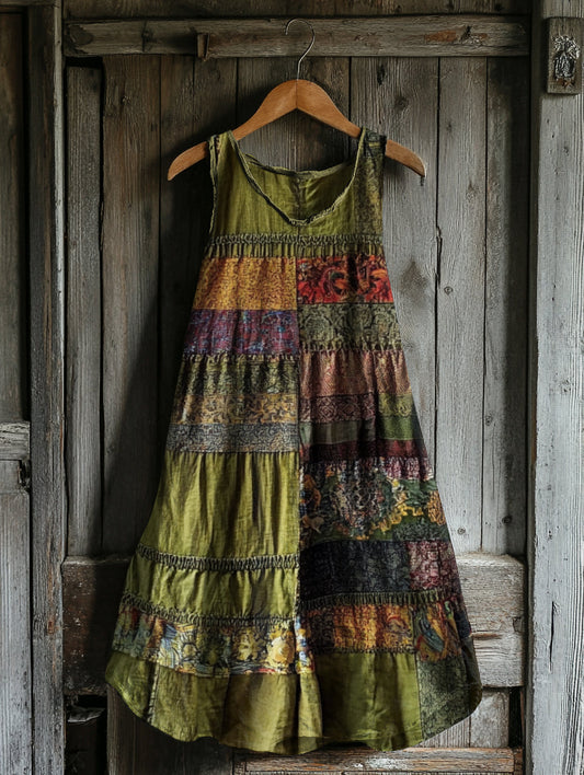 Comstylish Women's Vintage Bohemian Floral Patch Sleeveless Dress