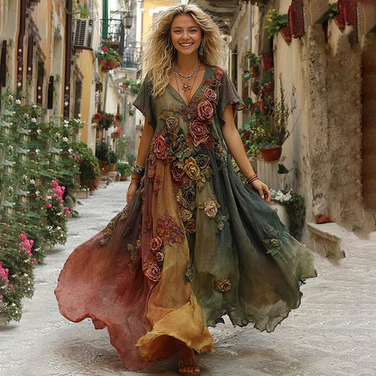 The Sunset Collection Vintage Rose And Floral Gradient Art Linen V Neck Maxi Dress artswardrobe