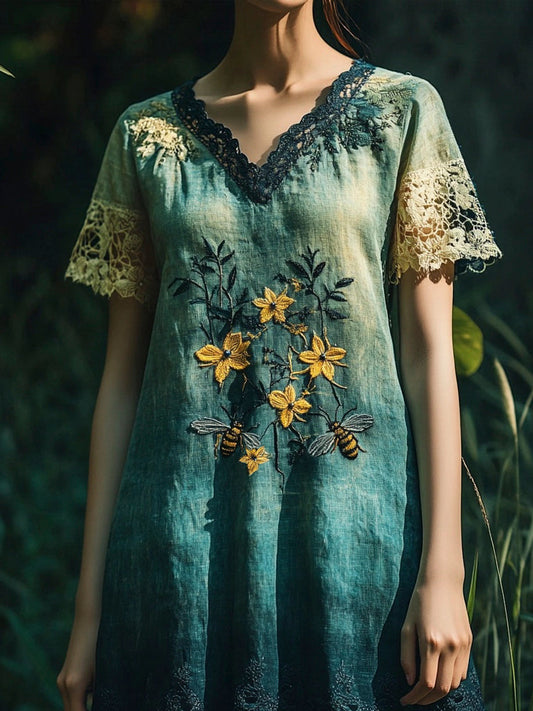 Bee & Flower Embroidery Blue & Green Gradient Lace Vintage Women's Linen Dress artswardrobe
