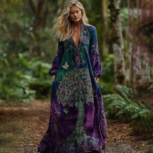 Vintage Life Of Tree Casual V Neck Maxi Dress artswardrobe