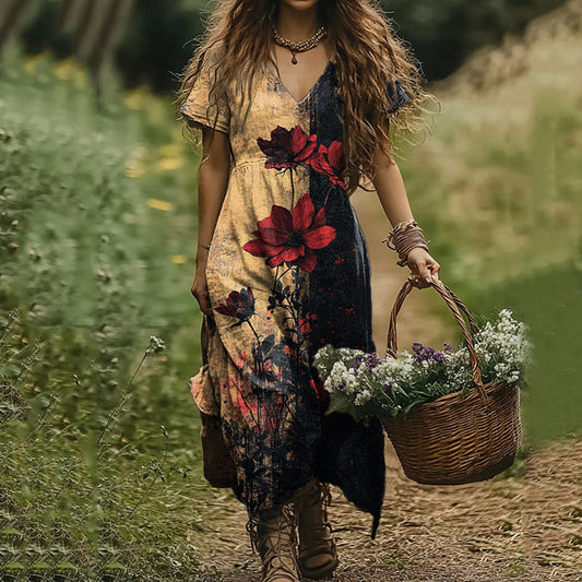 Women's Retro Rose Flower Art Print V-neck Linen Blend Midi Dress artswardrobe