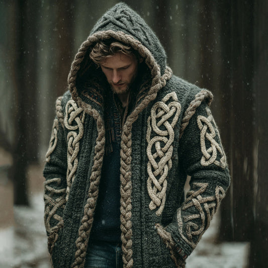 Men's Viking Intricate Celtic Knot Pocket Mid-length Cardigan Sweater artswardrobe