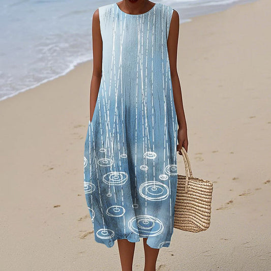 Comstylish Rain & Ripples Japanese Art Gradient Linen Dress