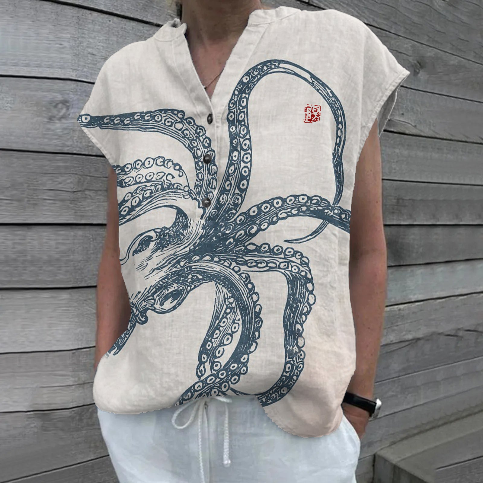 Comstylish Vintage Octopus Art Painting V-Neck Half-Button Linen Shirt