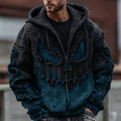 Men's Halloween Spooky Face Gradient Inspired Knitted Distressed Zipper Up Hooded Sweater elevenforest