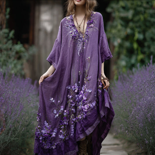 Bohemian Style Purple Tie-dye Lavender Three-dimensional Embroidery Sequin Short-sleeved V-neck Long Dress artswardrobe