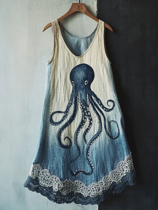 Octopus Pattern Lace Patchwork Linen Blend Dress artswardrobe