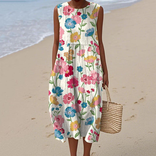 Vintage Loose Floral Art Linen Casual Tank Dress artswardrobe