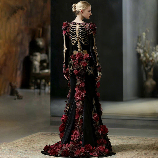Comstylish Women's Vintage Skeleton Bones In Red Rose Art Velvet Maxi Dress