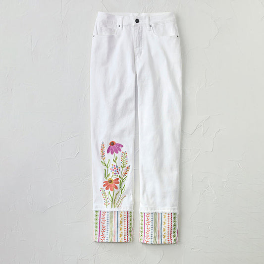 Comstylish Retro Colorful Flowers Embroidered Art Inspiration Design Jeans