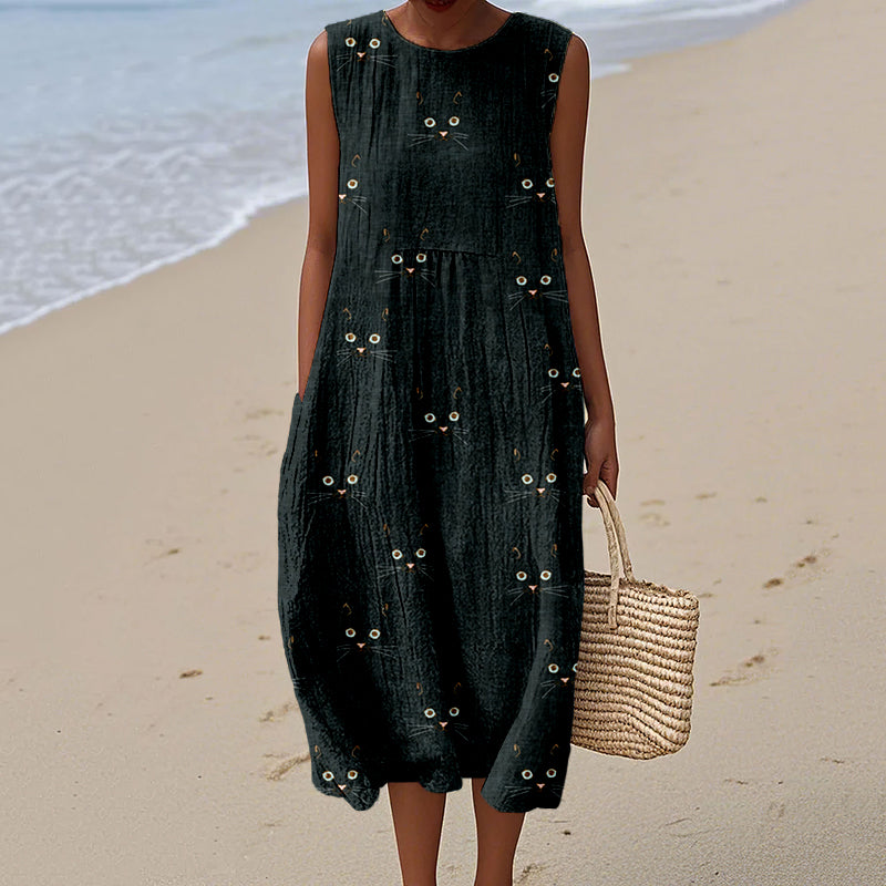 Cute Cat Face Pattern Comfy Linen Tank Dress elevenforest