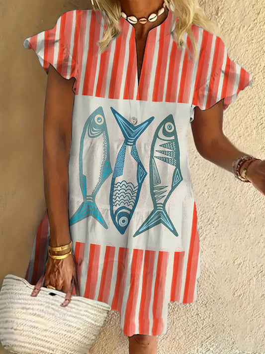 Stripes and Fish Ruffled Short-sleeved V-neck Buttoned Dress Vacation Beach Dress