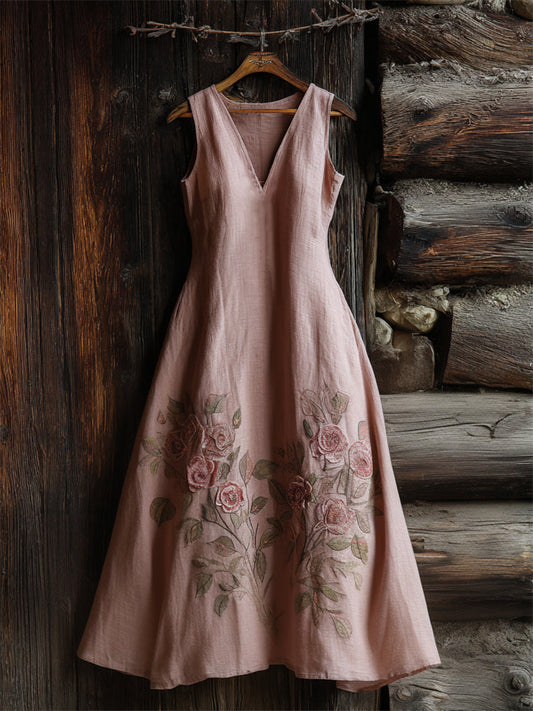 Classy Pink Roses Embroidered Linen Maxi Dress artswardrobe