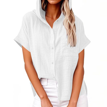 Comstylish Women's Solid Color Linen Vintage Hooded Shirt