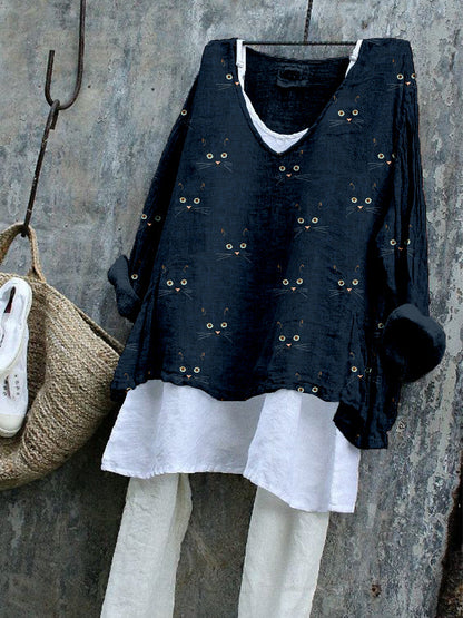 Cute Cat Face Pattern Cozy Flowy Tunic elevenforest