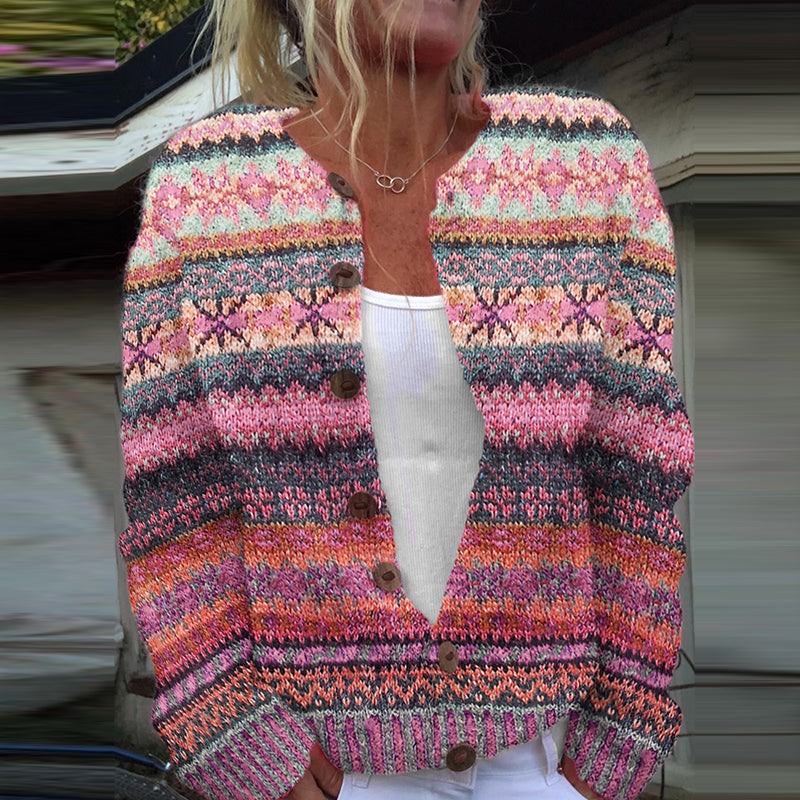 Retro Ethnic Snowflake Pattern Button Sweater Cardigan elevenforest