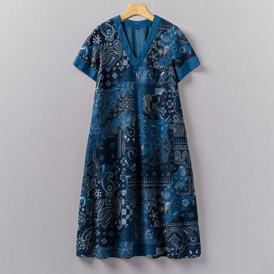Comstylish Japanese Traditional Sashiko Patchwork Art Pattern Painting V-Neck Dress