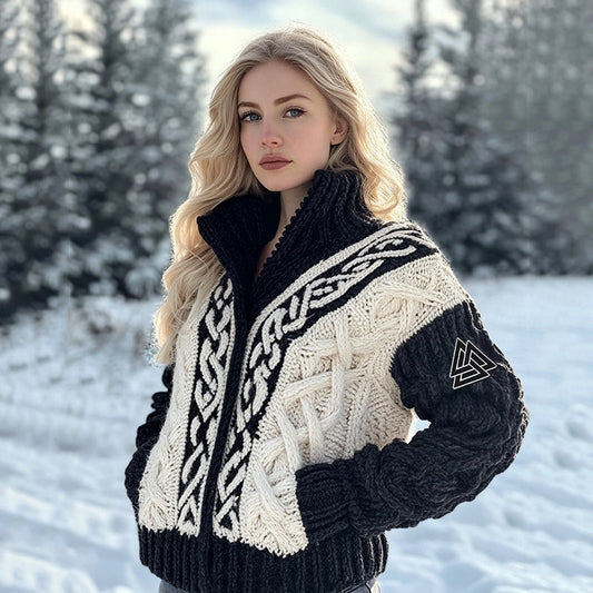Women's Viking Tribal Jacquard Celtic Inspired Chunky Knit Zipper Cardigan elevenforest