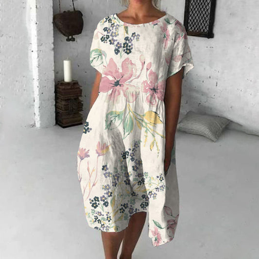 Retro Colored Flowers Art Flowy Midi Dress artswardrobe