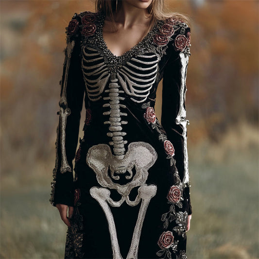 Comstylish Vintage Skeleton Roses Glitter Beaded Cozy Velvet Maxi Dress