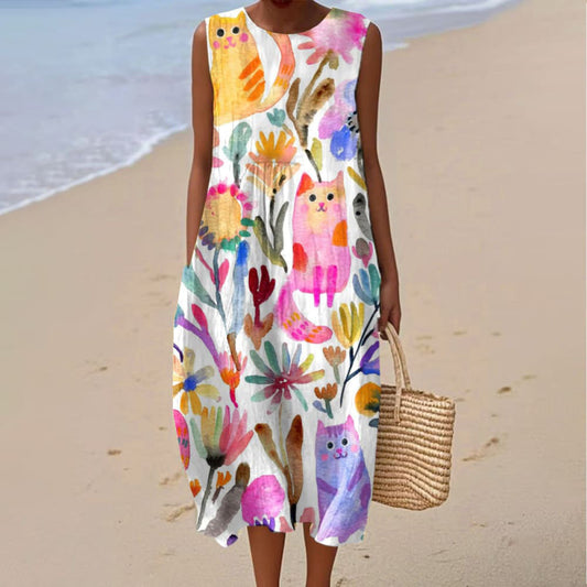 Comstylish Women's Vintage Floral Cat Art Print Sleeveless Wrap Dress