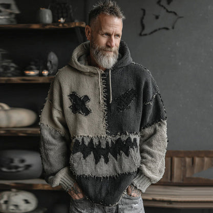 Men's Halloween Spooky Face Colorblock Stitched Hooded Cozy Knit Sweater artswardrobe