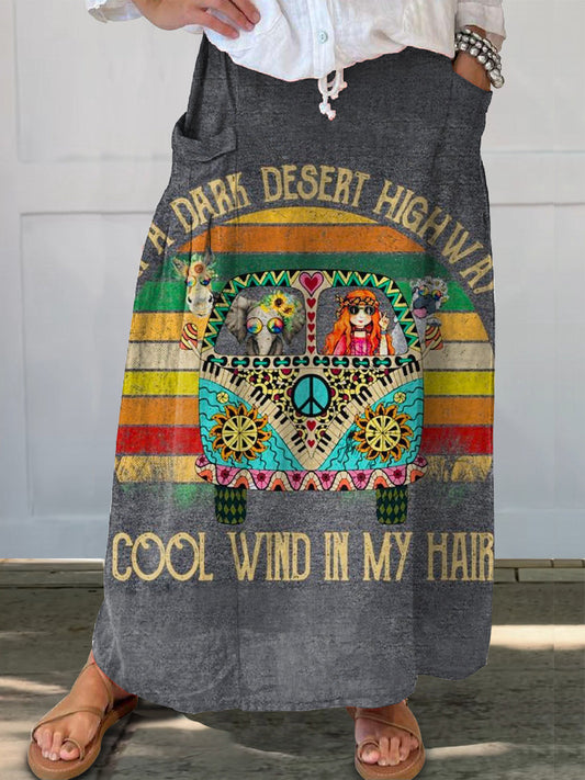 Women's Hippie Cool Wind In My Hair Art Print Linen Pocket Skirt