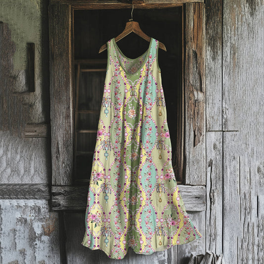 Women's Bohemian Floral Art Cotton And Linen Sleeveless Dress artswardrobe