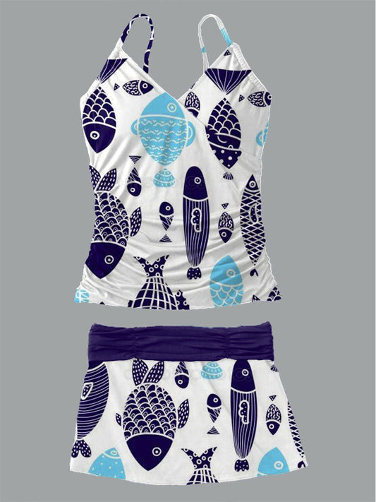 Women's Summer Fish Print Casual Suspender Shirred Swimsuit Set